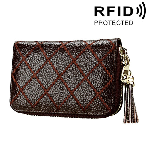 หนังวัวแท้เนื้อตารางซิปผู้ถือบัตรกระเป๋าสตางค์ RFID บล็อกบัตรกระเป๋าป้องกันกรณีกระเป๋าเงินเหรียญที่มีพู่จี้และ 15 ช่องเสียบการ์ดสำหรับผู้หญิงขนาด: 11.1*7.9*3.5 ซม.
