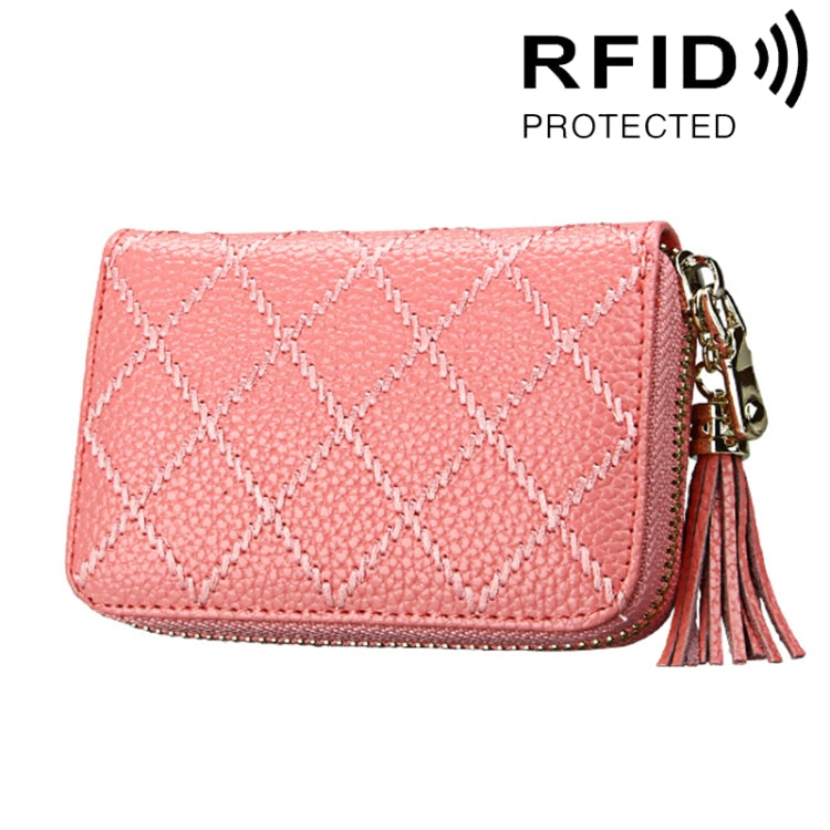 หนังวัวแท้เนื้อตารางซิปผู้ถือบัตรกระเป๋าสตางค์ RFID บล็อกบัตรกระเป๋าป้องกันกรณีกระเป๋าเงินเหรียญที่มีพู่จี้และ 15 ช่องเสียบการ์ดสำหรับผู้หญิงขนาด: 11.1*7.9*3.5 ซม.