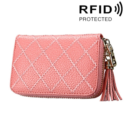 หนังวัวแท้เนื้อตารางซิปผู้ถือบัตรกระเป๋าสตางค์ RFID บล็อกบัตรกระเป๋าป้องกันกรณีกระเป๋าเงินเหรียญที่มีพู่จี้และ 15 ช่องเสียบการ์ดสำหรับผู้หญิงขนาด: 11.1*7.9*3.5 ซม.