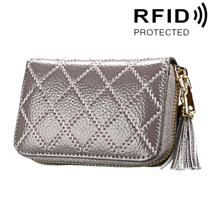 หนังวัวแท้เนื้อตารางซิปผู้ถือบัตรกระเป๋าสตางค์ RFID บล็อกบัตรกระเป๋าป้องกันกรณีกระเป๋าเงินเหรียญที่มีพู่จี้และ 15 ช่องเสียบการ์ดสำหรับผู้หญิงขนาด: 11.1*7.9*3.5 ซม.