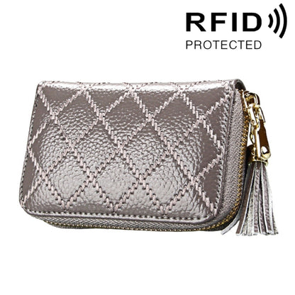 หนังวัวแท้เนื้อตารางซิปผู้ถือบัตรกระเป๋าสตางค์ RFID บล็อกบัตรกระเป๋าป้องกันกรณีกระเป๋าเงินเหรียญที่มีพู่จี้และ 15 ช่องเสียบการ์ดสำหรับผู้หญิงขนาด: 11.1*7.9*3.5 ซม.