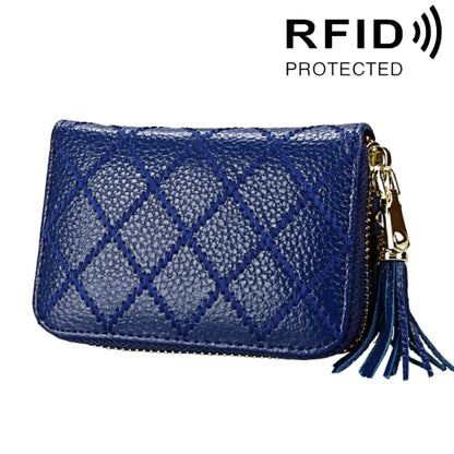 หนังวัวแท้เนื้อตารางซิปผู้ถือบัตรกระเป๋าสตางค์ RFID บล็อกบัตรกระเป๋าป้องกันกรณีกระเป๋าเงินเหรียญที่มีพู่จี้และ 15 ช่องเสียบการ์ดสำหรับผู้หญิงขนาด: 11.1*7.9*3.5 ซม.