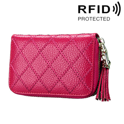 หนังวัวแท้เนื้อตารางซิปผู้ถือบัตรกระเป๋าสตางค์ RFID บล็อกบัตรกระเป๋าป้องกันกรณีกระเป๋าเงินเหรียญที่มีพู่จี้และ 15 ช่องเสียบการ์ดสำหรับผู้หญิงขนาด: 11.1*7.9*3.5 ซม.