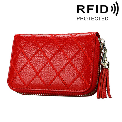 หนังวัวแท้เนื้อตารางซิปผู้ถือบัตรกระเป๋าสตางค์ RFID บล็อกบัตรกระเป๋าป้องกันกรณีกระเป๋าเงินเหรียญที่มีพู่จี้และ 15 ช่องเสียบการ์ดสำหรับผู้หญิงขนาด: 11.1*7.9*3.5 ซม.