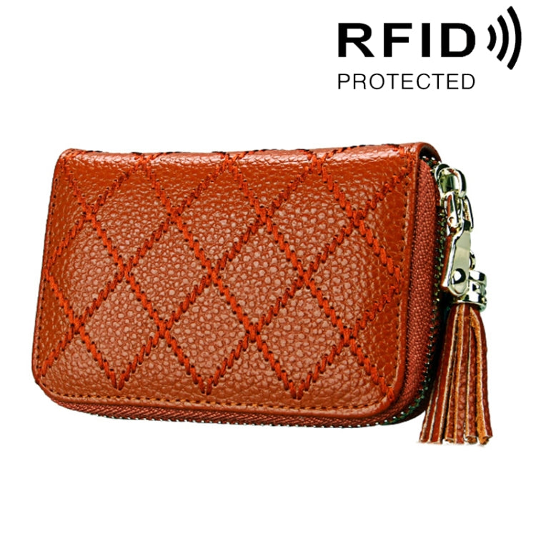 หนังวัวแท้เนื้อตารางซิปผู้ถือบัตรกระเป๋าสตางค์ RFID บล็อกบัตรกระเป๋าป้องกันกรณีกระเป๋าเงินเหรียญที่มีพู่จี้และ 15 ช่องเสียบการ์ดสำหรับผู้หญิงขนาด: 11.1*7.9*3.5 ซม.