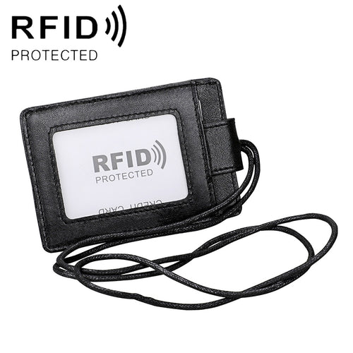 KB153 ผู้ถือบัตรหนัง RFID แบบป้องกันแม่เหล็กพร้อมป้ายบัตรประจำตัวพร้อมเชือกเส้นเล็ก