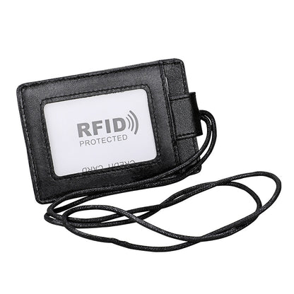 KB153 ผู้ถือบัตรหนัง RFID แบบป้องกันแม่เหล็กพร้อมป้ายบัตรประจำตัวพร้อมเชือกเส้นเล็ก