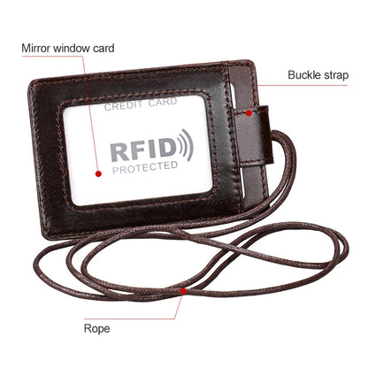 KB153 ผู้ถือบัตรหนัง RFID แบบป้องกันแม่เหล็กพร้อมป้ายบัตรประจำตัวพร้อมเชือกเส้นเล็ก