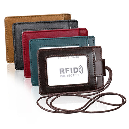 KB153 ผู้ถือบัตรหนัง RFID แบบป้องกันแม่เหล็กพร้อมป้ายบัตรประจำตัวพร้อมเชือกเส้นเล็ก