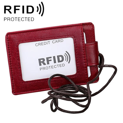 KB153 ผู้ถือบัตรหนัง RFID แบบป้องกันแม่เหล็กพร้อมป้ายบัตรประจำตัวพร้อมเชือกเส้นเล็ก