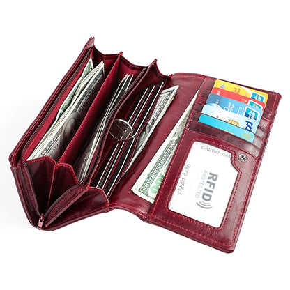 3559 Antimagnetic RFID Multi-function Zipper Retro Top-grain Leather Lady กระเป๋าสตางค์
