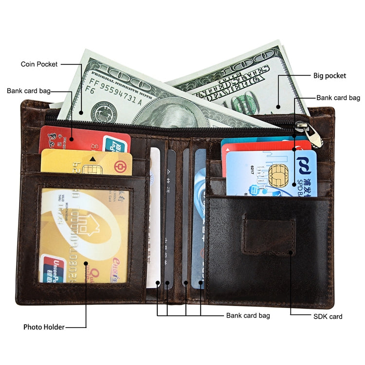 8232 Antimagnetic RFID Men Oil Wax Leather Wallet พร้อมที่ใส่การ์ดแบบถอดออกได้, 8232