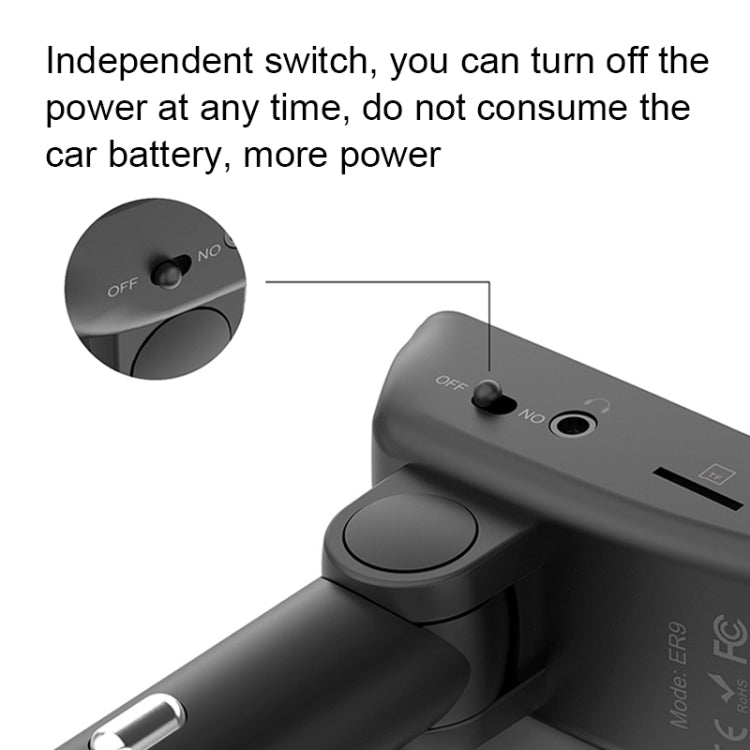 ER9 2 in 1 แฮนด์ฟรีชุดอุปกรณ์ติดรถยนต์ชุดหูฟังไร้สาย Bluetooth Dual USB Charger เครื่องส่งสัญญาณ FM MP3 เครื่องเล่นเพลง, ER9