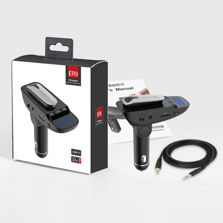 ER9 2 in 1 แฮนด์ฟรีชุดอุปกรณ์ติดรถยนต์ชุดหูฟังไร้สาย Bluetooth Dual USB Charger เครื่องส่งสัญญาณ FM MP3 เครื่องเล่นเพลง, ER9