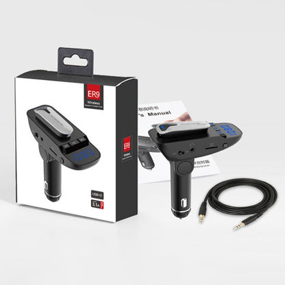ER9 2 in 1 แฮนด์ฟรีชุดอุปกรณ์ติดรถยนต์ชุดหูฟังไร้สาย Bluetooth Dual USB Charger เครื่องส่งสัญญาณ FM MP3 เครื่องเล่นเพลง, ER9