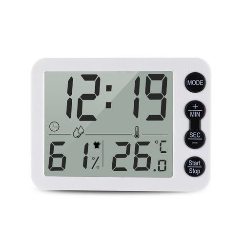 TS-9606-WR เครื่องตั้งเวลาปลุกหน้าจอขนาดใหญ่เครื่องวัดความชื้นสัมพัทธ์อุณหภูมิ (สีขาวสีแดง)