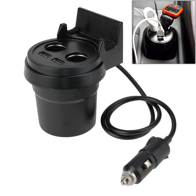 5V 1A + 2.4A พอร์ต USB สองพอร์ตและช่องเสียบที่จุดบุหรี่ในรถยนต์สองช่องที่ชาร์จไฟในรถพร้อมฟังก์ชั่นผู้ถือ, 5V 1A+2.4A