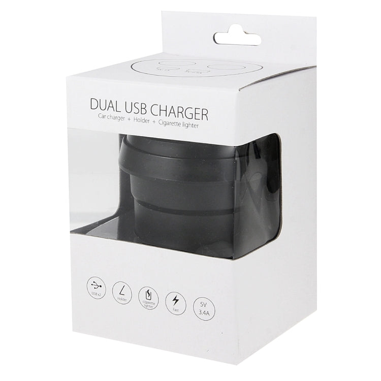 5V 1A + 2.4A พอร์ต USB สองพอร์ตและช่องเสียบที่จุดบุหรี่ในรถยนต์สองช่องที่ชาร์จไฟในรถพร้อมฟังก์ชั่นผู้ถือ, 5V 1A+2.4A