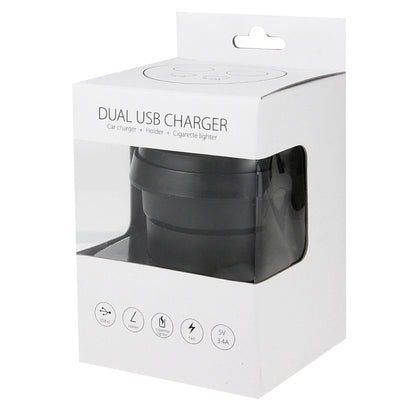 5V 1A + 2.4A พอร์ต USB สองพอร์ตและช่องเสียบที่จุดบุหรี่ในรถยนต์สองช่องที่ชาร์จไฟในรถพร้อมฟังก์ชั่นผู้ถือ, 5V 1A+2.4A