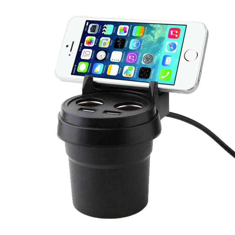 5V 1A + 2.4A พอร์ต USB สองพอร์ตและช่องเสียบที่จุดบุหรี่ในรถยนต์สองช่องที่ชาร์จไฟในรถพร้อมฟังก์ชั่นผู้ถือ, 5V 1A+2.4A