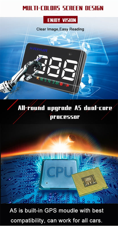 Geyiren A5 HUD 3.5 นิ้วรถ Head Up Display พร้อมระบบ GPS, จอแสดงผลสองโหมด, เซนเซอร์ตรวจจับแสง, ความเร็ว KM/h MPH, เข็มทิศ, สัญญาณเตือนความเร็ว, A5(Black), A5 (Green Light)