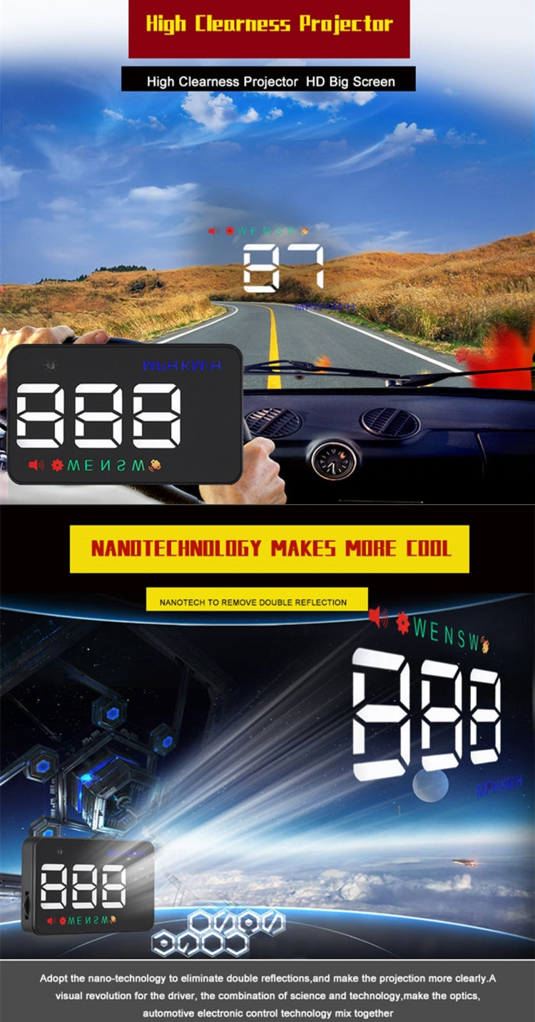 Geyiren A5 HUD 3.5 นิ้วรถ Head Up Display พร้อมระบบ GPS, จอแสดงผลสองโหมด, เซนเซอร์ตรวจจับแสง, ความเร็ว KM/h MPH, เข็มทิศ, สัญญาณเตือนความเร็ว, A5(Black), A5 (Green Light)