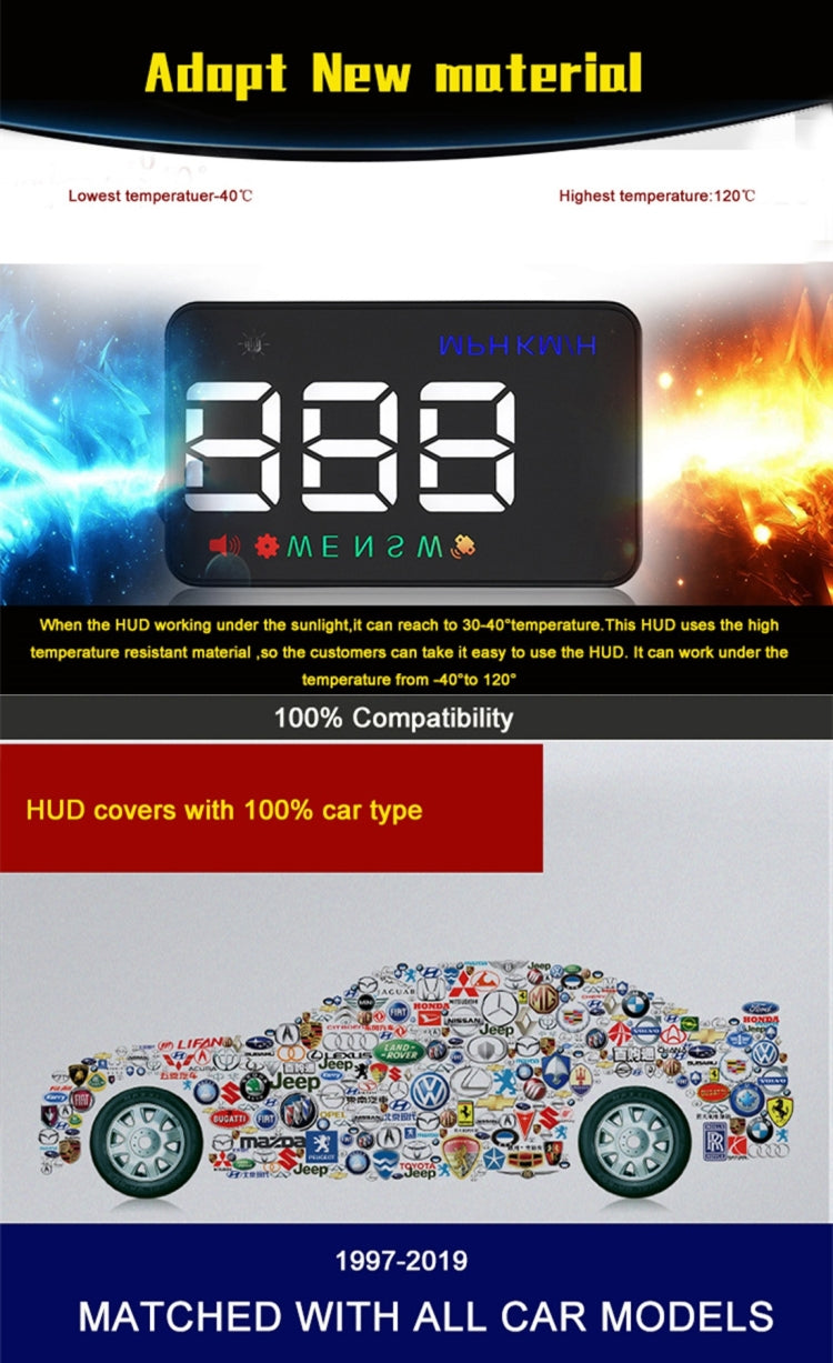 Geyiren A5 HUD 3.5 นิ้วรถ Head Up Display พร้อมระบบ GPS, จอแสดงผลสองโหมด, เซนเซอร์ตรวจจับแสง, ความเร็ว KM/h MPH, เข็มทิศ, สัญญาณเตือนความเร็ว, A5(Black), A5 (Green Light)
