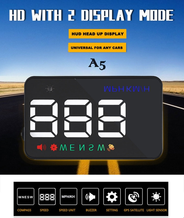 Geyiren A5 HUD 3.5 นิ้วรถ Head Up Display พร้อมระบบ GPS, จอแสดงผลสองโหมด, เซนเซอร์ตรวจจับแสง, ความเร็ว KM/h MPH, เข็มทิศ, สัญญาณเตือนความเร็ว, A5(Black), A5 (Green Light)