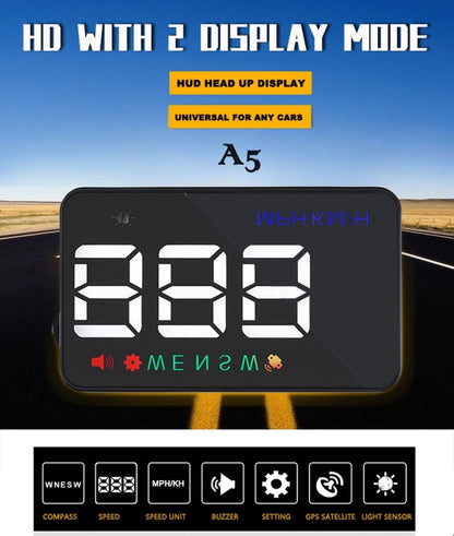 Geyiren A5 HUD 3.5 นิ้วรถ Head Up Display พร้อมระบบ GPS, จอแสดงผลสองโหมด, เซนเซอร์ตรวจจับแสง, ความเร็ว KM/h MPH, เข็มทิศ, สัญญาณเตือนความเร็ว, A5(Black), A5 (Green Light)