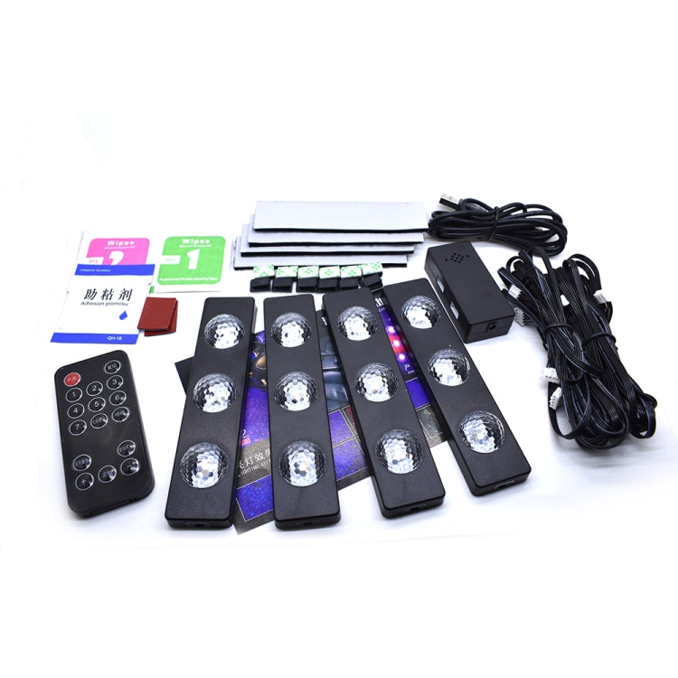 4 in 1 3.2W 12 LEDs RGB รถ พื้นภายในตกแต่งบรรยากาศโคมไฟนีออนที่มีสีสันพร้อมรีโมทคอนโทรลไร้สายและฟังก์ชั่นควบคุมเสียง, A12