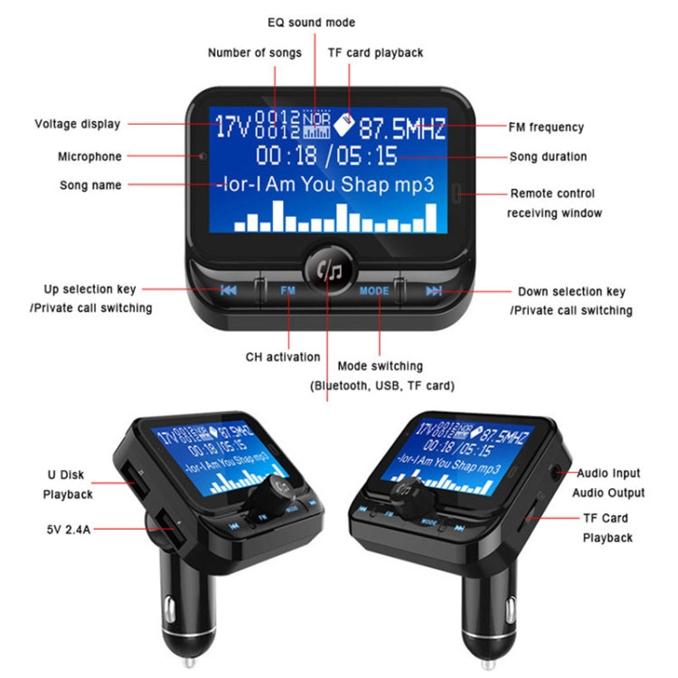 BC32 การชาร์จ USB แบบคู่ Bluetooth เครื่องชาร์จในรถยนต์แบบแฮนด์ฟรีเครื่องส่งสัญญาณ FM เครื่องเล่นเพลง MP3 ชุดอุปกรณ์ติดรถยนต์รองรับการโทรแบบแฮนด์ฟรีและการบันทึก Micro SD และการตรวจจับแรงดันไฟฟ้า, BC32