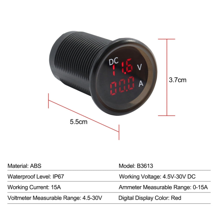B3613 IP67 กันน้ำรถยนต์โมดิฟาย 4.5-30V โวลต์มิเตอร์ + แอมมิเตอร์, B3613