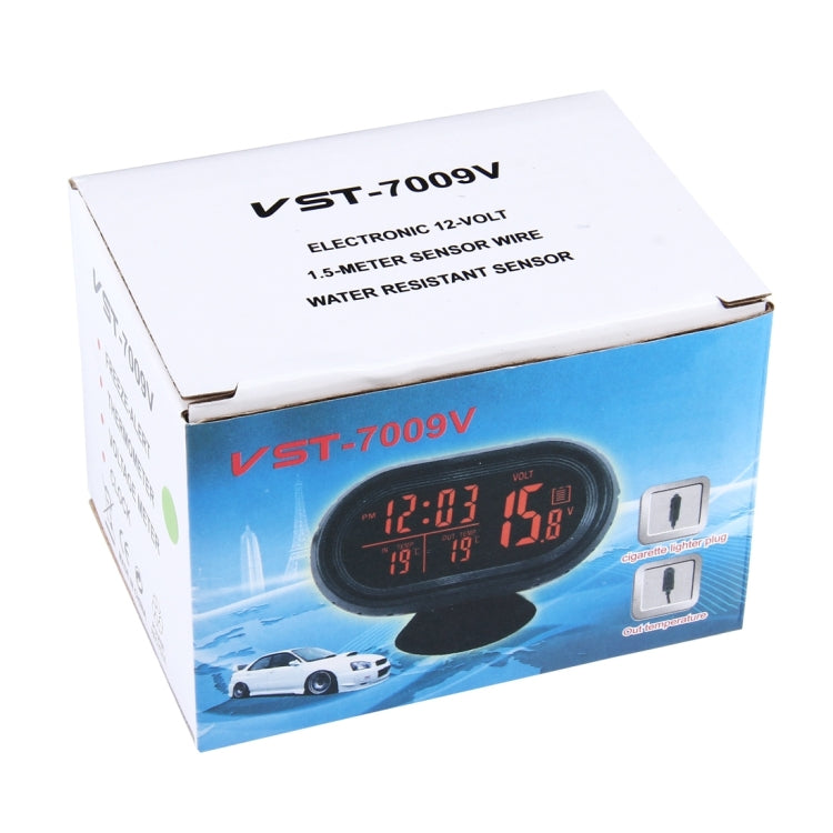 VST-7009V 4 In 1 เครื่องวัดอุณหภูมิรถดิจิตอลเครื่องวัดแรงดันไฟฟ้า Luminous นาฬิกาเครื่องทดสอบเครื่องตรวจจับ LCD Monitor Back light, 4 In 1 Thermometer Voltage Meter