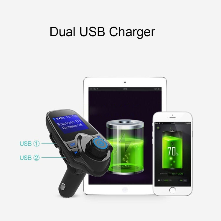 T11 เครื่องส่งสัญญาณ FM Bluetooth เครื่องเล่น MP3 ในรถยนต์พร้อมจอแสดงผล LED รองรับการชาร์จ USB คู่และแฮนด์ฟรีและการ์ด TF และฟังก์ชั่นเล่นเพลงดิสก์ U, T11