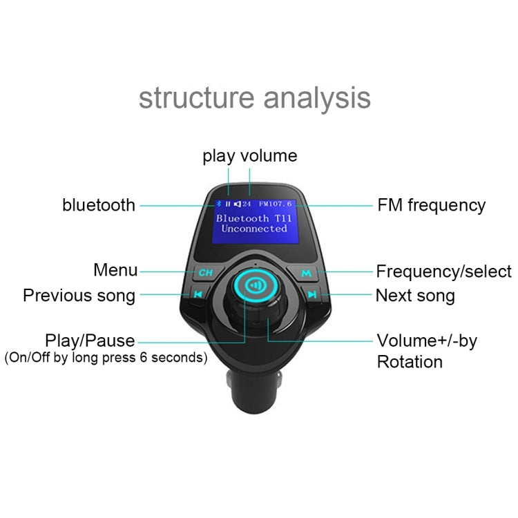 T11 เครื่องส่งสัญญาณ FM Bluetooth เครื่องเล่น MP3 ในรถยนต์พร้อมจอแสดงผล LED รองรับการชาร์จ USB คู่และแฮนด์ฟรีและการ์ด TF และฟังก์ชั่นเล่นเพลงดิสก์ U, T11
