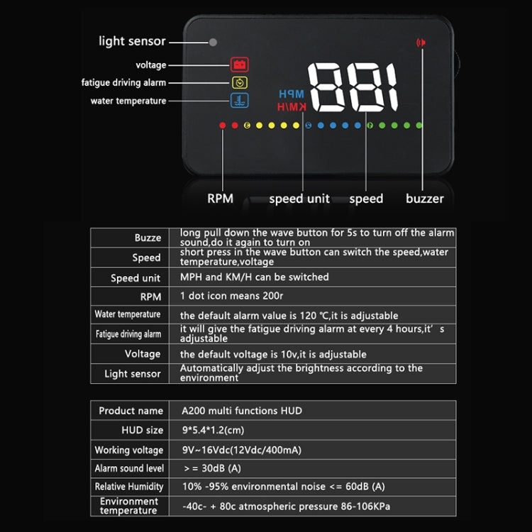 A200 OBD2 3.5 นิ้วระบบรักษาความปลอดภัยจอแสดงผล Head Up ที่ติดตั้งบนยานพาหนะ, รองรับความเร็วรถ / การแสดงความเร็วรอบเครื่องยนต์ / อุณหภูมิของน้ำ / แรงดันไฟฟ้า, A200