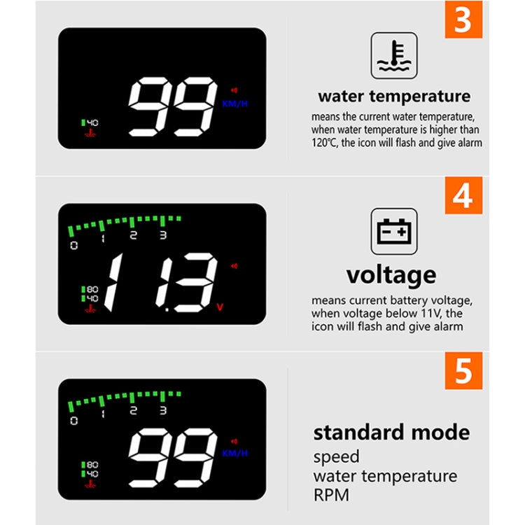 A900 OBD2 3.5 นิ้วระบบรักษาความปลอดภัยจอแสดงผล Head Up ที่ติดตั้งบนยานพาหนะ, รองรับความเร็วรถ / การแสดงความเร็วรอบเครื่องยนต์ / อุณหภูมิของน้ำ / แรงดันไฟฟ้า / ระยะทางในการขับขี่, A900