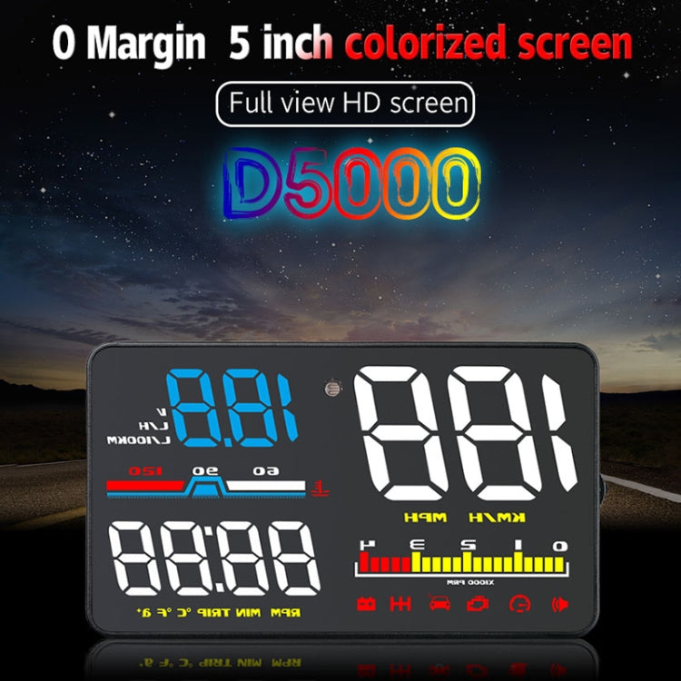 D5000 OBD2 5 นิ้วติดรถยนต์ Head Up Display ระบบรักษาความปลอดภัย, รองรับความเร็วรถ / เครื่องยนต์แสดงความเร็วรอบ / อุณหภูมิของน้ำ / แรงดันแบตเตอรี่ / รหัสการตรวจจับและกำจัดข้อผิดพลาด, D5000