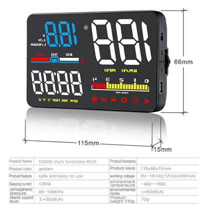 D5000 OBD2 5 นิ้วติดรถยนต์ Head Up Display ระบบรักษาความปลอดภัย, รองรับความเร็วรถ / เครื่องยนต์แสดงความเร็วรอบ / อุณหภูมิของน้ำ / แรงดันแบตเตอรี่ / รหัสการตรวจจับและกำจัดข้อผิดพลาด, D5000