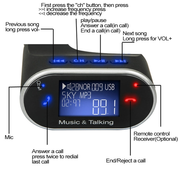 630C ขาไก่รูปร่างวิทยุสเตอริโอรถยนต์ MP3 เครื่องเล่นเสียง, ชุดแฮนด์ฟรี Bluetooth ในรถยนต์เครื่องส่งสัญญาณ FM, 630C