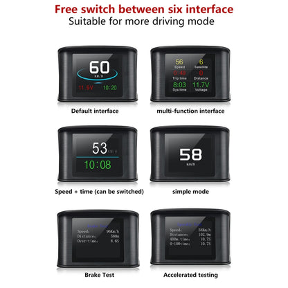 T600 HUD มิเตอร์ดิจิตอลอัจฉริยะติดรถยนต์ GPS ขนาด 2.2 นิ้วพร้อม TFT LCD หลายสี ความเร็วและระยะทางในการขับขี่ / การแสดงเวลาและแรงดันไฟฟ้า สัญญาณเตือนความเร็วเกิน สัญญาณเตือนแรงดันต่ำ การสลับกิโลเมตรและไมล์, T600