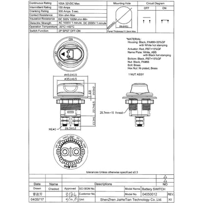 Jtron เปิด/ปิดสวิตช์แบตเตอรี่รถยนต์สวิตช์หลักแบตเตอรี่รถยนต์ MAX DC 32V 100A ต่อ 150A INT ใช้สำหรับรถยนต์/รถออฟโรด/รถบรรทุก, DC 32V 100A