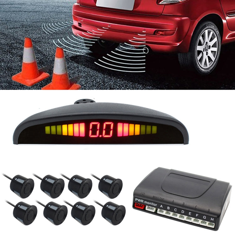 PZ-300-8 ที่จอดรถย้อนกลับ Buzzer LED Monitor ที่จอดรถ ALARM Assistance ระบบ 4*7 M เซ็นเซอร์ด้านหน้าและ 4*2.5 M เซ็นเซอร์ด้านหลัง, with 4 Front Sensors and 4 Rear Sensors
