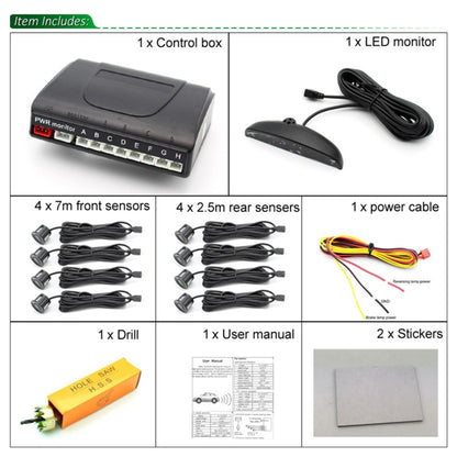 PZ-300-8 ที่จอดรถย้อนกลับ Buzzer LED Monitor ที่จอดรถ ALARM Assistance ระบบ 4*7 M เซ็นเซอร์ด้านหน้าและ 4*2.5 M เซ็นเซอร์ด้านหลัง, with 4 Front Sensors and 4 Rear Sensors