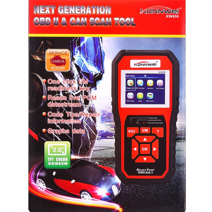 KONNWEI KW850 OBDII / CAN เครื่องมือสแกนวินิจฉัยรถยนต์อัตโนมัติเครื่องมือสแกนอะแดปเตอร์สแกนอัตโนมัติรองรับ 8 ภาษาและ 6 โปรโตคอล (สามารถตรวจจับแบตเตอรี่และแรงดันไฟฟ้าได้ ตรวจจับเฉพาะรถเบนซิน 12V), KW850