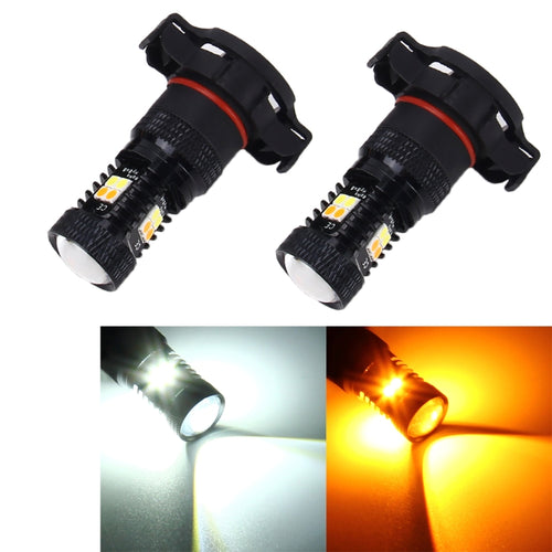 2 ชิ้น Super Bright PSX24W DC 12V 5W 350LM ไฟตัดหมอกรถยนต์อัตโนมัติพร้อมหลอดไฟ LED 16 SMD-3030, แสงสีขาว + สีเหลือง, PSX24W