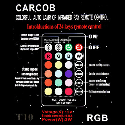 2 ชิ้น W5W 194 T10 หลายสีซัง 12 SMD RGB หลอดไฟ LED พร้อมการควบคุมระยะไกลลิ่มไฟด้านข้างโคมไฟป้ายทะเบียน, DC 12 โวลต์, 2 PCS W5W 194 T10