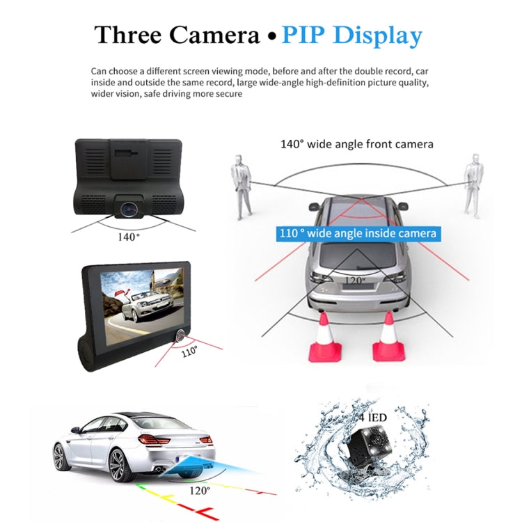 หน้าจอ IPS 4.0 นิ้ว 5.0 ล้านพิกเซล 170 องศามุมกว้าง Full HD 1080P 3 ช่องวิดีโอรถ DVR, รองรับ Night Vision เติมแสง / ภาพย้อนกลับ / การ์ด TF (สูงสุด 32GB) / G-sensor / การตรวจจับการเคลื่อนไหว, 170 Degrees