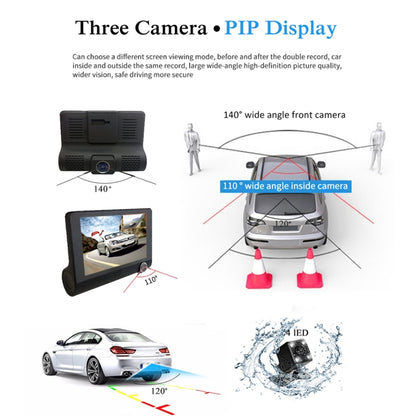 หน้าจอ IPS 4.0 นิ้ว 5.0 ล้านพิกเซล 170 องศามุมกว้าง Full HD 1080P 3 ช่องวิดีโอรถ DVR, รองรับ Night Vision เติมแสง / ภาพย้อนกลับ / การ์ด TF (สูงสุด 32GB) / G-sensor / การตรวจจับการเคลื่อนไหว, 170 Degrees