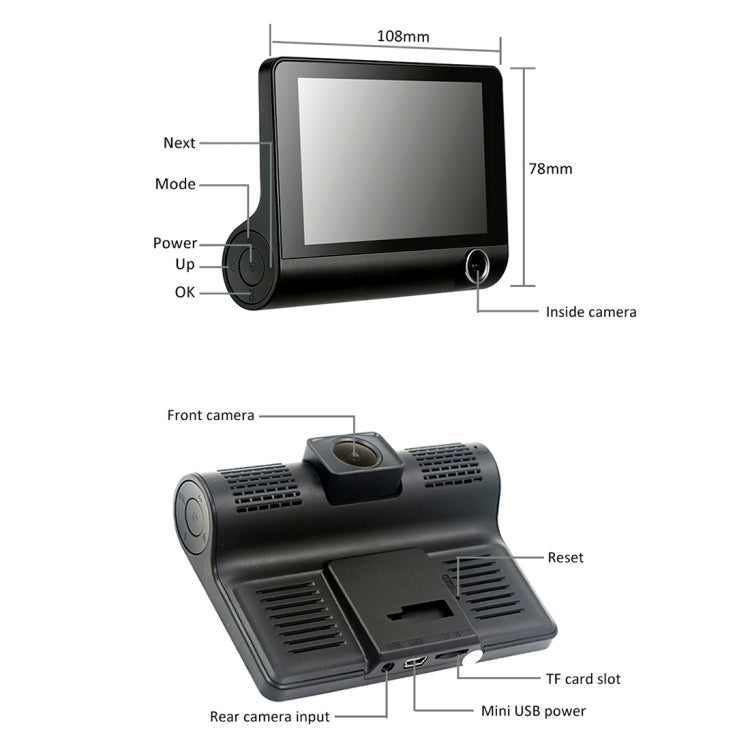 หน้าจอ IPS 4.0 นิ้ว 5.0 ล้านพิกเซล 170 องศามุมกว้าง Full HD 1080P 3 ช่องวิดีโอรถ DVR, รองรับ Night Vision เติมแสง / ภาพย้อนกลับ / การ์ด TF (สูงสุด 32GB) / G-sensor / การตรวจจับการเคลื่อนไหว, 170 Degrees